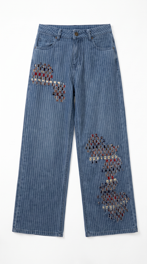 The Mosaic Jeans — front mockup, Sky Loom