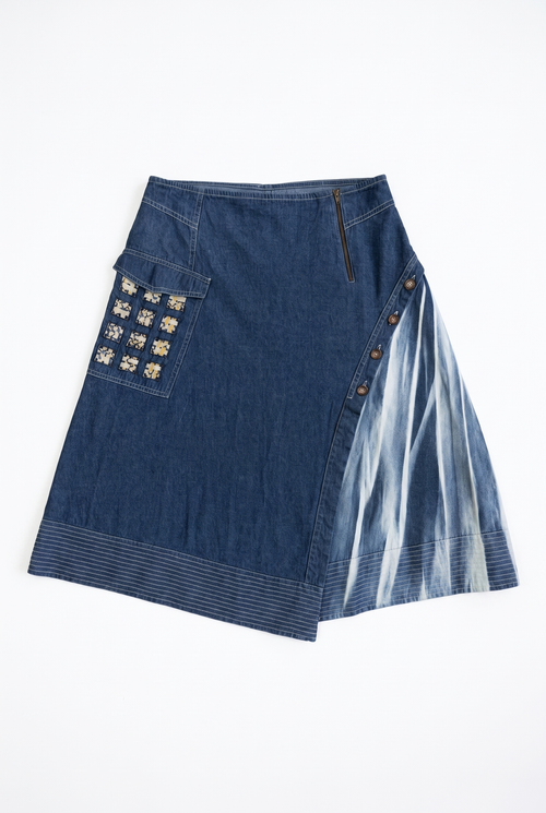 The Leafline Skirt — front mockup, Washed Indigo